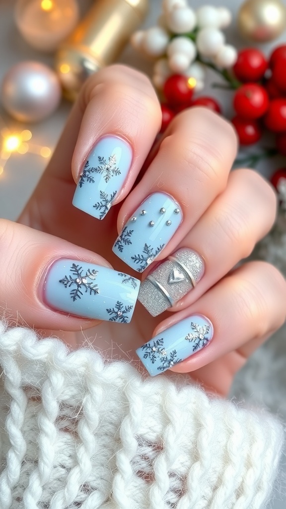 Elegant winter nail designs in icy blue and silver with snowflakes on a festive background.